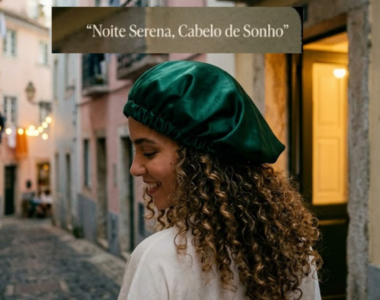 Uma mulher sorridente com cabelo encaracolado longo e castanho, a usar uma touca de cetim verde esmeralda. Ela está de perfil numa rua estreita e pitoresca em Portugal, com prédios coloridos e luzes decorativas ao fundo. No topo da imagem, lê-se a frase: "Noite Serena, Cabelo de Sonho".