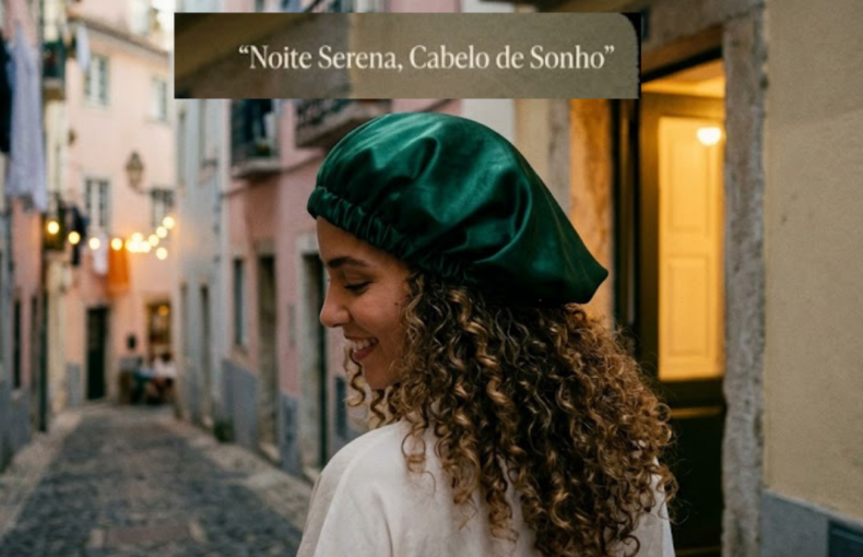 Uma mulher sorridente com cabelo encaracolado longo e castanho, a usar uma touca de cetim verde esmeralda. Ela está de perfil numa rua estreita e pitoresca em Portugal, com prédios coloridos e luzes decorativas ao fundo. No topo da imagem, lê-se a frase: "Noite Serena, Cabelo de Sonho".