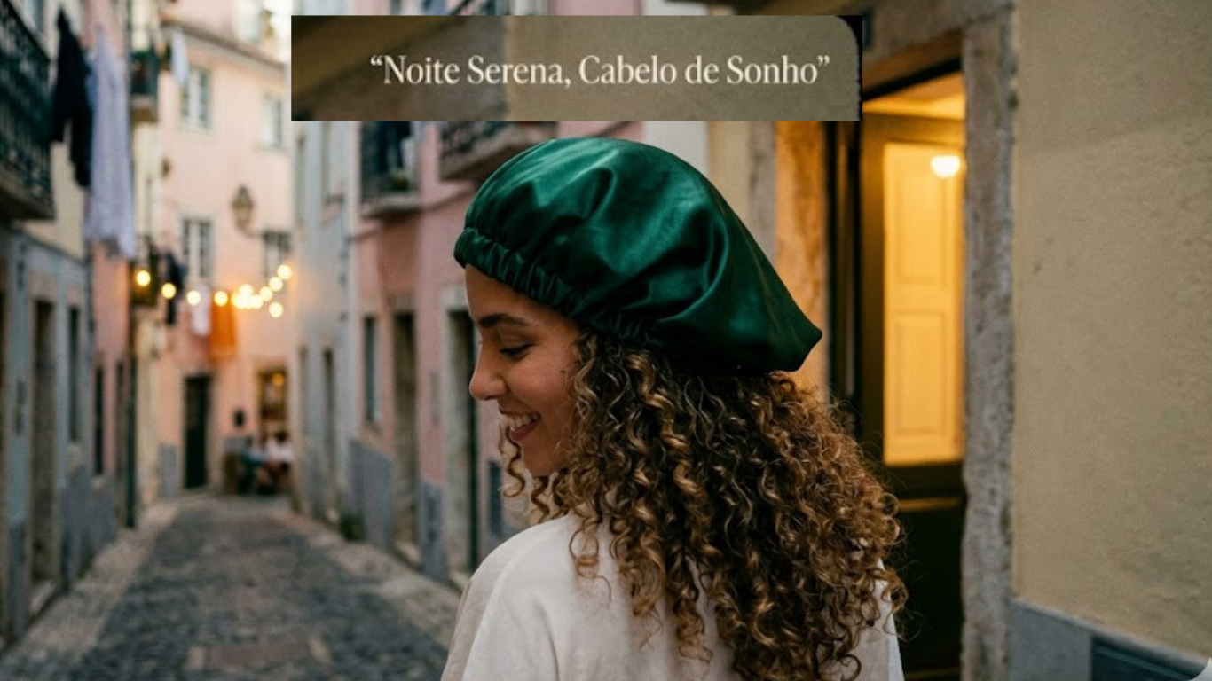 Uma mulher sorridente com cabelo encaracolado longo e castanho, a usar uma touca de cetim verde esmeralda. Ela está de perfil numa rua estreita e pitoresca em Portugal, com prédios coloridos e luzes decorativas ao fundo. No topo da imagem, lê-se a frase: "Noite Serena, Cabelo de Sonho".