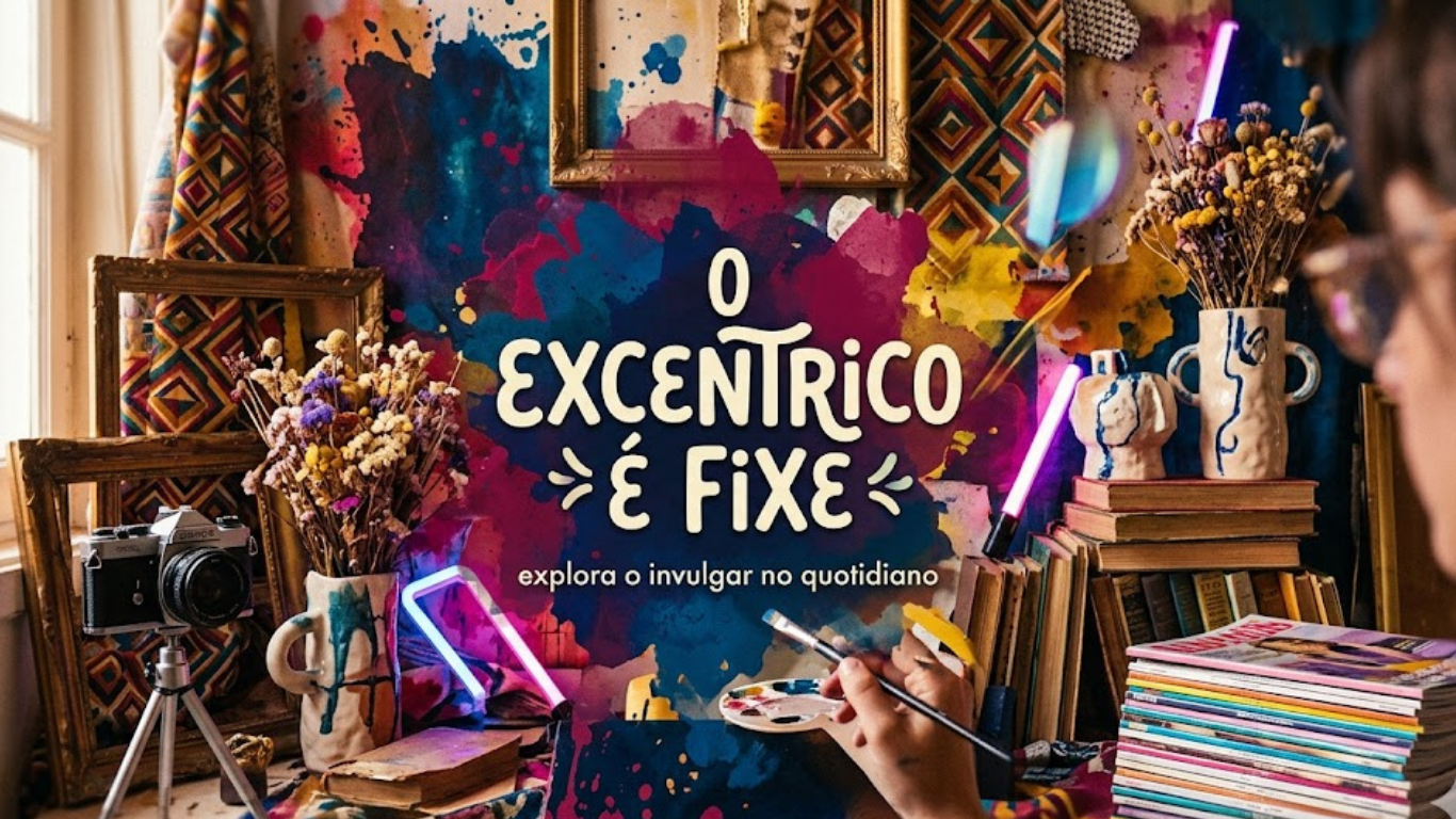 Uma composição artística vibrante e caótica num atelier. Ao centro, sobre uma mancha de tinta colorida, lê-se "O Exêntrico é Fixe: explora o invulgar no quotidiano". À volta do texto, vêm-se molduras douradas, flores secas, uma câmara fotográfica antiga num tripé, pilhas de livros, luzes de néon cor-de-rosa e uma mão a segurar um pincel sobre uma paleta de tintas.