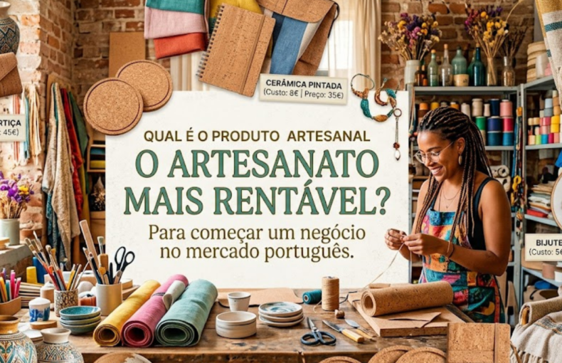 Uma mulher jovem com tranças e óculos sorri enquanto trabalha manualmente com fio e cortiça numa oficina de artesanato iluminada. Ao centro, um cartaz pergunta "Qual é o produto artesanal o artesanato mais rentável?" com o subtítulo "Para começar um negócio no mercado português". À volta, veem-se exemplos de produtos como carteiras de cortiça, cerâmica e bijuteria, acompanhados pelos seus respetivos custos e preços de venda.