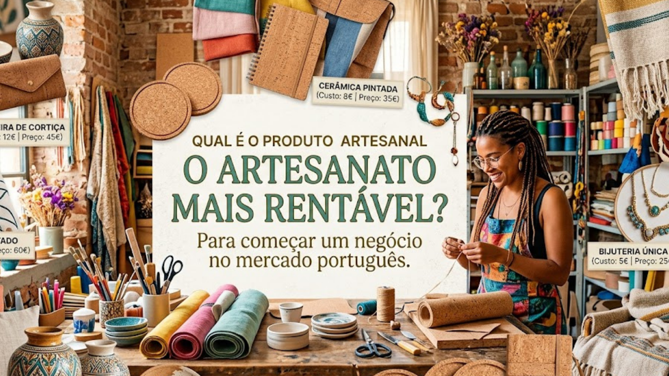 Uma mulher jovem com tranças e óculos sorri enquanto trabalha manualmente com fio e cortiça numa oficina de artesanato iluminada. Ao centro, um cartaz pergunta "Qual é o produto artesanal o artesanato mais rentável?" com o subtítulo "Para começar um negócio no mercado português". À volta, veem-se exemplos de produtos como carteiras de cortiça, cerâmica e bijuteria, acompanhados pelos seus respetivos custos e preços de venda.