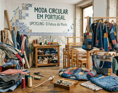 Atelier de moda circular em Portugal com mesa de trabalho repleta de linhas e tecidos, ao fundo uma parede com azulejos tradicionais e o texto "Moda Circular em Portugal - Upcycling: O Futuro da Moda".