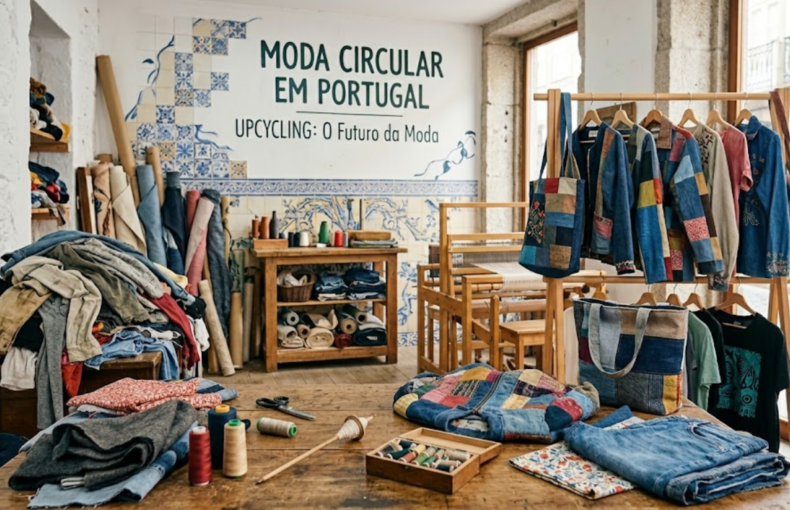 Atelier de moda circular em Portugal com mesa de trabalho repleta de linhas e tecidos, ao fundo uma parede com azulejos tradicionais e o texto "Moda Circular em Portugal - Upcycling: O Futuro da Moda".