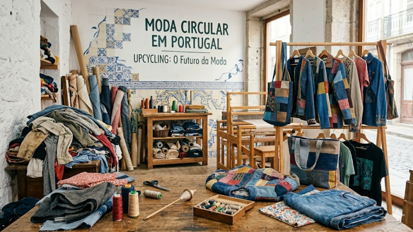 Atelier de moda circular em Portugal com mesa de trabalho repleta de linhas e tecidos, ao fundo uma parede com azulejos tradicionais e o texto "Moda Circular em Portugal - Upcycling: O Futuro da Moda".