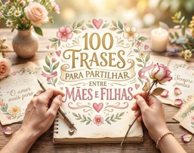 Uma imagem romântica e rústica de duas mãos, uma segurando uma caneta vintage e a outra uma rosa, sobre um caderno aberto. O texto "100 FRASES PARA PARTILHAR ENTRE MÃES E FILHAS" está no centro, rodeado por uma grinalda de flores e corações. Cartões com frases afetuosas e bouquets de rosas e camomila estão espalhados pela mesa de madeira. A luz suave e natural ilumina a cena.