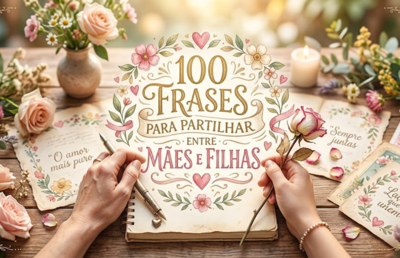 Uma imagem romântica e rústica de duas mãos, uma segurando uma caneta vintage e a outra uma rosa, sobre um caderno aberto. O texto "100 FRASES PARA PARTILHAR ENTRE MÃES E FILHAS" está no centro, rodeado por uma grinalda de flores e corações. Cartões com frases afetuosas e bouquets de rosas e camomila estão espalhados pela mesa de madeira. A luz suave e natural ilumina a cena.