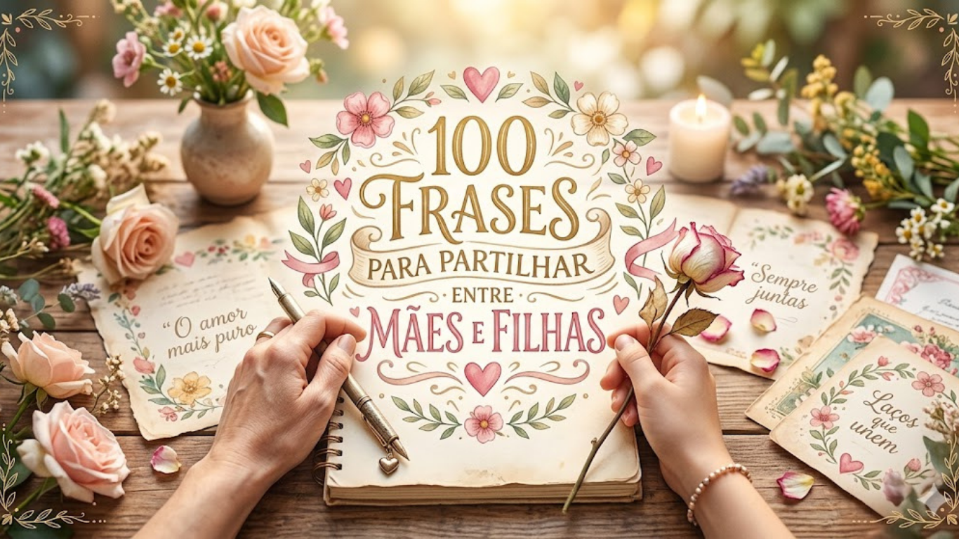 Uma imagem romântica e rústica de duas mãos, uma segurando uma caneta vintage e a outra uma rosa, sobre um caderno aberto. O texto "100 FRASES PARA PARTILHAR ENTRE MÃES E FILHAS" está no centro, rodeado por uma grinalda de flores e corações. Cartões com frases afetuosas e bouquets de rosas e camomila estão espalhados pela mesa de madeira. A luz suave e natural ilumina a cena.