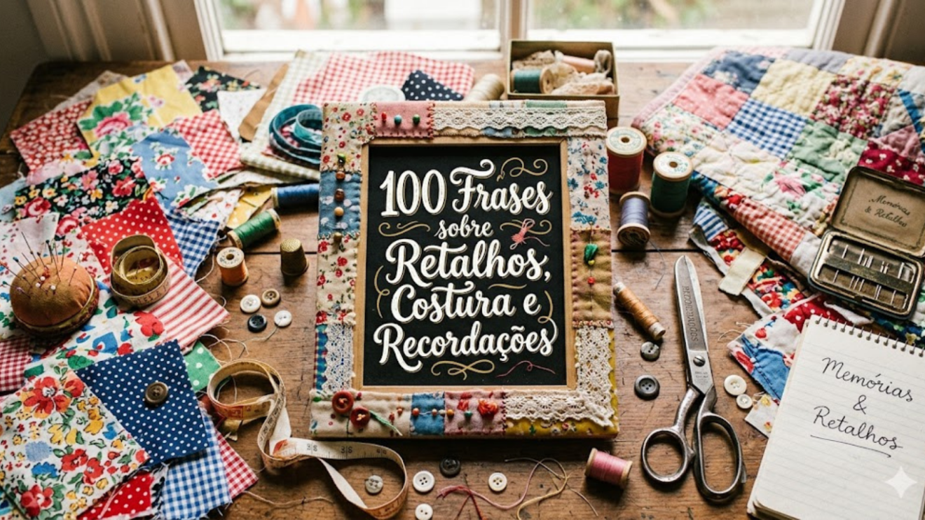 Mesa de madeira de artesanato vista de cima, com retalhos de tecido coloridos, carretéis de linha, tesoura antiga, botões e uma lousa central emoldurada com patchwork onde se lê "100 Frases sobre Retalhos, Costura e Recordações".