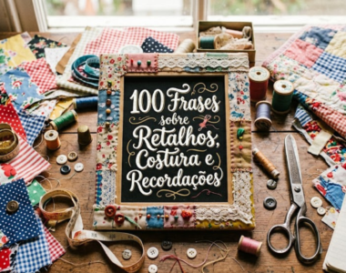 Mesa de madeira de artesanato vista de cima, com retalhos de tecido coloridos, carretéis de linha, tesoura antiga, botões e uma lousa central emoldurada com patchwork onde se lê "100 Frases sobre Retalhos, Costura e Recordações".