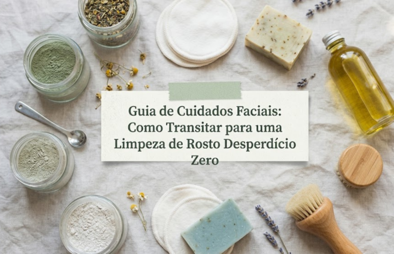 Vista superior de produtos naturais de limpeza facial organizados sobre um fundo de linho texturado. Inclui discos de limpeza reutilizáveis brancos, frasco de óleo dourado, sabonetes artesanais, argilas em frascos de vidro, flores secas de camomila e alfazema, e uma escova facial de madeira. No centro, uma etiqueta em tons pastel com o título: Guia de Cuidados Faciais: Como Transitar para uma Limpeza de Rosto Desperdício Zero.