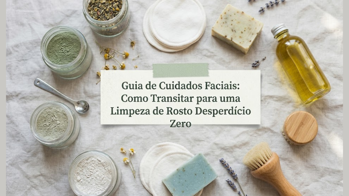 Vista superior de produtos naturais de limpeza facial organizados sobre um fundo de linho texturado. Inclui discos de limpeza reutilizáveis brancos, frasco de óleo dourado, sabonetes artesanais, argilas em frascos de vidro, flores secas de camomila e alfazema, e uma escova facial de madeira. No centro, uma etiqueta em tons pastel com o título: Guia de Cuidados Faciais: Como Transitar para uma Limpeza de Rosto Desperdício Zero.