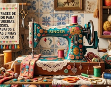 Máquina de costura antiga da marca Singer, decorada com botões coloridos, num ateliê rústico com novelos de lã, carretéis de linha, tesouras, um gato deitado ao lado e um cartaz em tecido que diz "100 frases de humor para costureiras: risos, desabafos e muitas linhas por contar".