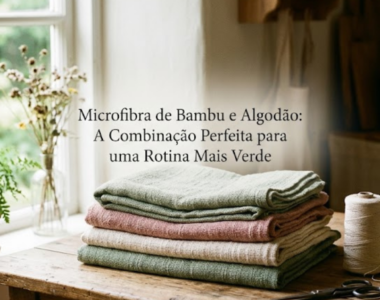 Fotografia realista de estilo slow living com luz natural de uma janela. Num tampo de mesa de madeira rústica, destaca-se um monte de panos dobrados em tons de verde-sálvia, rosa-velho e marfim. Ao lado, encontram-se novelos de linha, tesoura antiga, canas de bambu e uma taça de cerâmica. No centro exato da imagem, está integrado o texto: "Microfibra de Bambu e Algodão: A Combinação Perfeita para uma Rotina Mais Verde". O ambiente transmite calma, com prateleiras e cestos artesanais ao fundo.