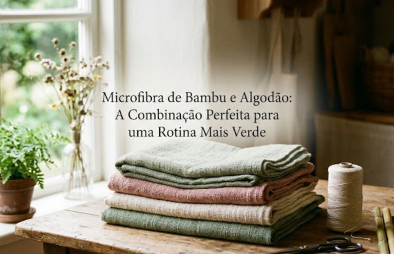 Fotografia realista de estilo slow living com luz natural de uma janela. Num tampo de mesa de madeira rústica, destaca-se um monte de panos dobrados em tons de verde-sálvia, rosa-velho e marfim. Ao lado, encontram-se novelos de linha, tesoura antiga, canas de bambu e uma taça de cerâmica. No centro exato da imagem, está integrado o texto: "Microfibra de Bambu e Algodão: A Combinação Perfeita para uma Rotina Mais Verde". O ambiente transmite calma, com prateleiras e cestos artesanais ao fundo.