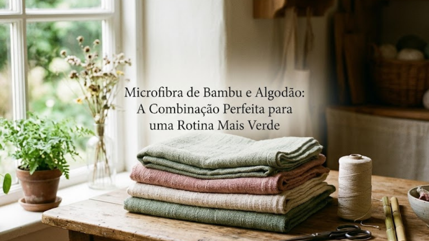 Fotografia realista de estilo slow living com luz natural de uma janela. Num tampo de mesa de madeira rústica, destaca-se um monte de panos dobrados em tons de verde-sálvia, rosa-velho e marfim. Ao lado, encontram-se novelos de linha, tesoura antiga, canas de bambu e uma taça de cerâmica. No centro exato da imagem, está integrado o texto: "Microfibra de Bambu e Algodão: A Combinação Perfeita para uma Rotina Mais Verde". O ambiente transmite calma, com prateleiras e cestos artesanais ao fundo.