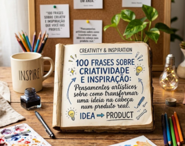 Uma mesa de trabalho em madeira com ferramentas artesanais, aguarelas, lápis e um caderno aberto no centro que exibe o título "100 Frases sobre Criatividade e Inspiração: Pensamentos artísticos sobre como transformar uma ideia na cabeça num produto real". No fundo, vê-se um painel de cortiça com notas e plantas, banhado por uma luz natural suave.