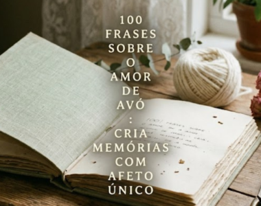 Fotografia realista em estilo slow living com luz natural de uma janela. Sobre uma mesa de madeira antiga, encontra-se um livro aberto com páginas texturadas, uma tesoura de metal vintage, um novelo de fio de algodão marfim, rosas secas e folhas de sálvia. No centro exato, em letras pequenas e alinhadas verticalmente, lê-se o texto: "100 Frases Sobre o Amor de Avó: Cria Memórias com Afeto Único".