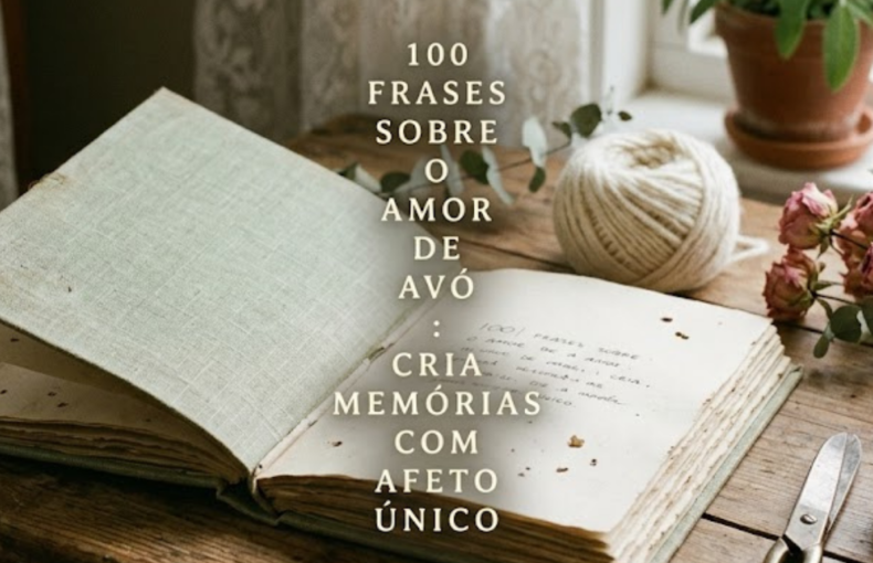 Fotografia realista em estilo slow living com luz natural de uma janela. Sobre uma mesa de madeira antiga, encontra-se um livro aberto com páginas texturadas, uma tesoura de metal vintage, um novelo de fio de algodão marfim, rosas secas e folhas de sálvia. No centro exato, em letras pequenas e alinhadas verticalmente, lê-se o texto: "100 Frases Sobre o Amor de Avó: Cria Memórias com Afeto Único".