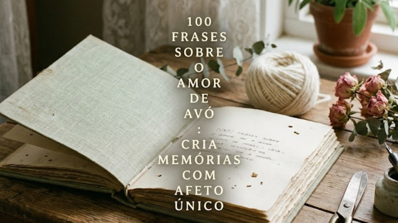Fotografia realista em estilo slow living com luz natural de uma janela. Sobre uma mesa de madeira antiga, encontra-se um livro aberto com páginas texturadas, uma tesoura de metal vintage, um novelo de fio de algodão marfim, rosas secas e folhas de sálvia. No centro exato, em letras pequenas e alinhadas verticalmente, lê-se o texto: "100 Frases Sobre o Amor de Avó: Cria Memórias com Afeto Único".