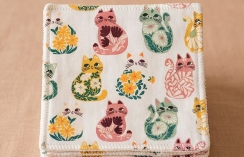 Fotografia de estúdio com fundo neutro bege claro, mostrando uma pilha perfeitamente organizada de toalhetes faciais reutilizáveis quadrados em tecido artesanal, destacando o padrão frontal de gatinhos ilustrados coloridos e o acabamento cuidado da costura branca nas bordas.