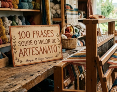 um tear de madeira tradicional dentro de um atelier luminoso. Ao fundo, prateleiras cheias de novelos de lã coloridos e, em primeiro plano, uma placa de madeira onde se lê "100 Frases sobre o Valor do Artesanato".