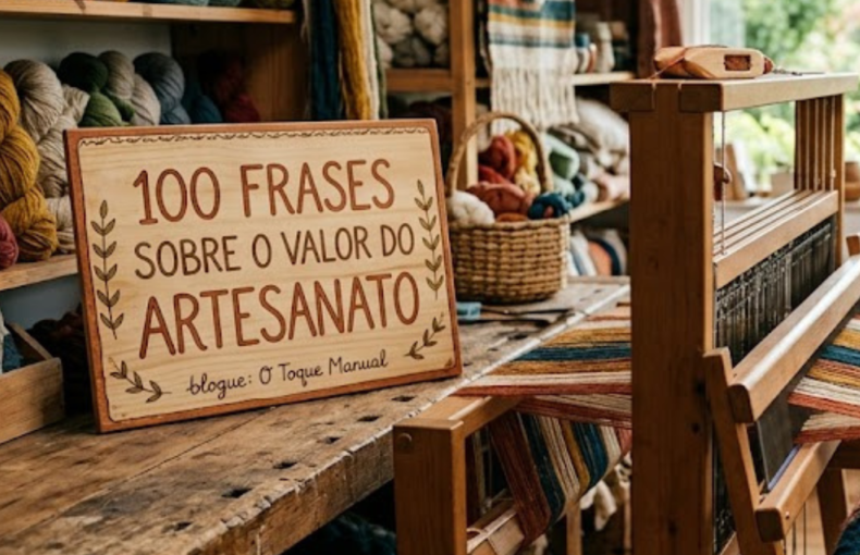 um tear de madeira tradicional dentro de um atelier luminoso. Ao fundo, prateleiras cheias de novelos de lã coloridos e, em primeiro plano, uma placa de madeira onde se lê "100 Frases sobre o Valor do Artesanato".