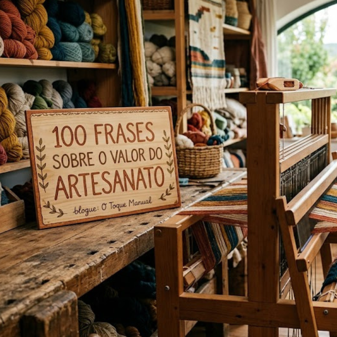 um tear de madeira tradicional dentro de um atelier luminoso. Ao fundo, prateleiras cheias de novelos de lã coloridos e, em primeiro plano, uma placa de madeira onde se lê "100 Frases sobre o Valor do Artesanato".