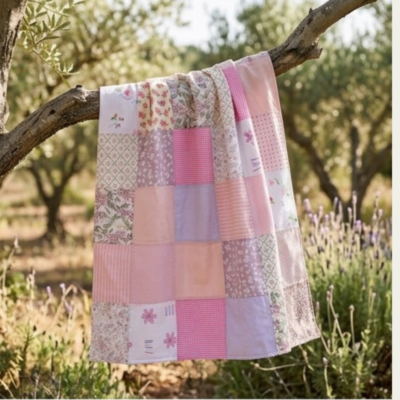 Manta de patchwork artesanal em tons de rosa, lilás e ivory pendurada num ramo de oliveira, num cenário de campo com luz natural e alfazema ao fundo.