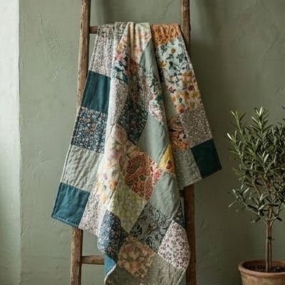 Manta Patchwork Verde Artesanal em Algodão em tons de verde-sabugueiro e rosa-velho, destacando um quadrado central de linho marfim bordado à mão com as iniciais dos noivos e a data do casamento, apresentada como uma herança de família.