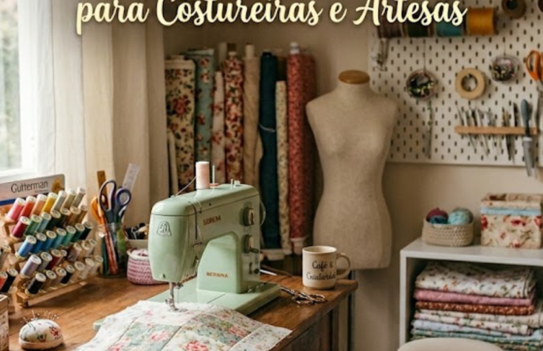 Ateliê de costura acolhedor e iluminado com uma máquina de costura vintage verde-menta sobre a mesa de madeira, tecidos florais, novelos de lã e linhas coloridas organizadas. No topo, o título em texto dourado: "100 Frases de Bom Dia para Costureiras e Artesãs".