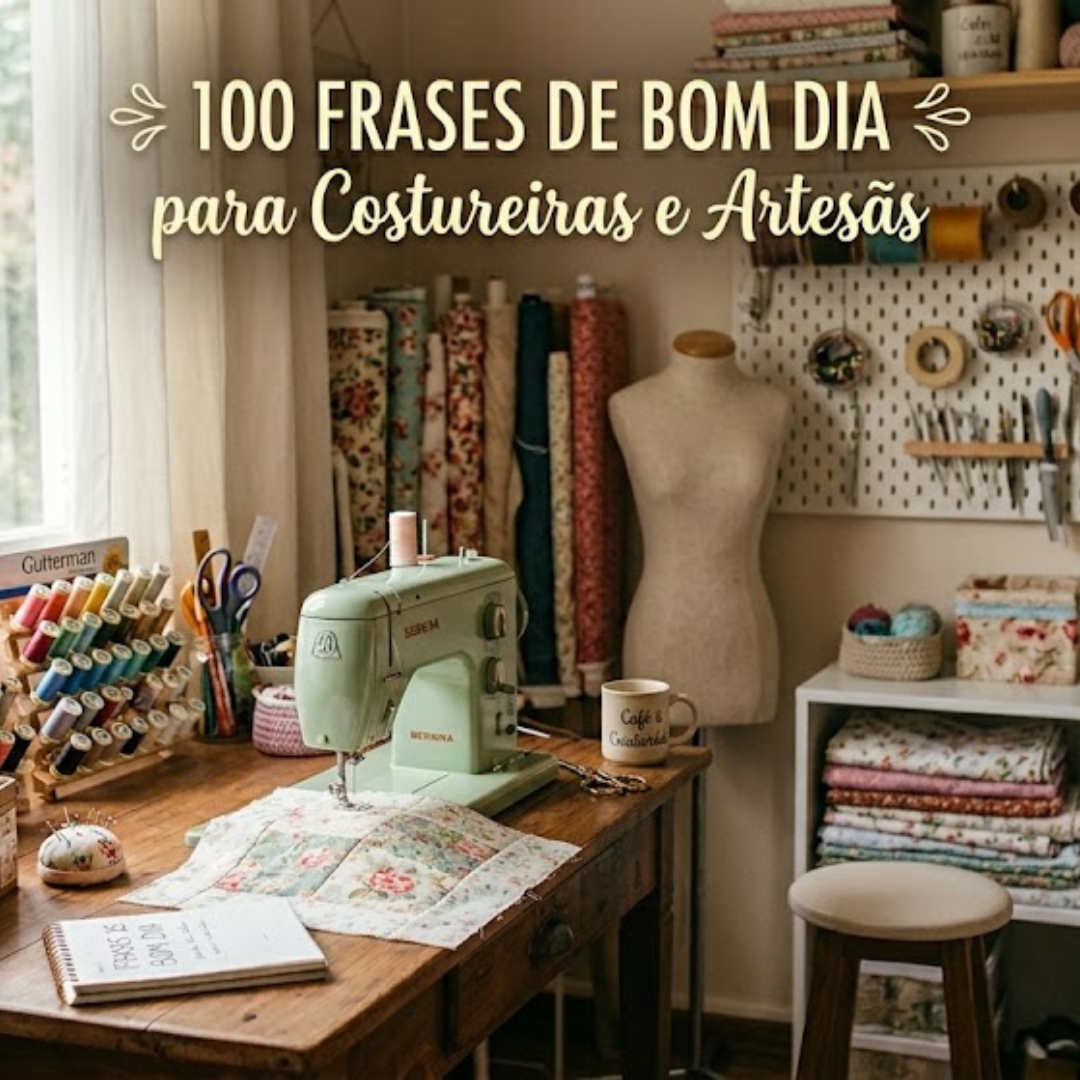 Ateliê de costura acolhedor e iluminado com uma máquina de costura vintage verde-menta sobre a mesa de madeira, tecidos florais, novelos de lã e linhas coloridas organizadas. No topo, o título em texto dourado: "100 Frases de Bom Dia para Costureiras e Artesãs".