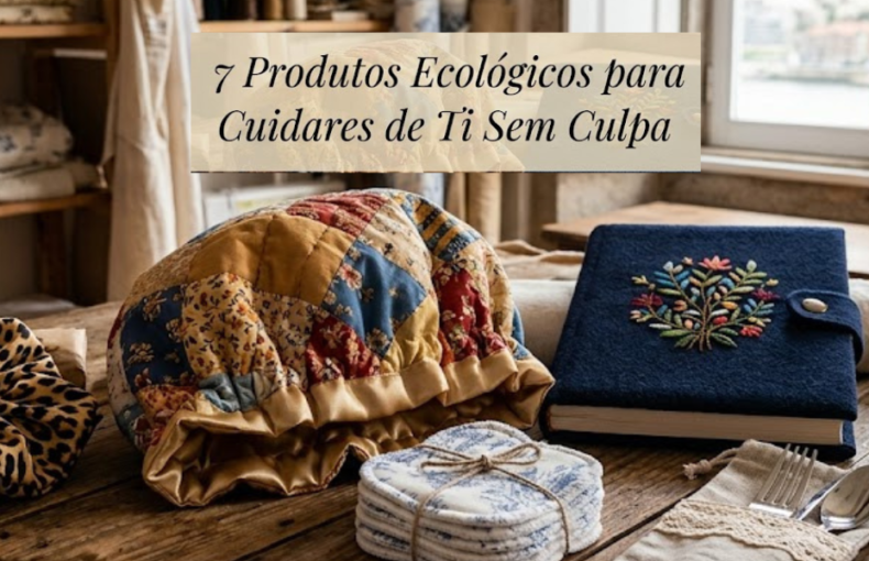 Uma mesa de madeira rústica em um ateliê de costura, exibindo um conjunto de produtos de autocuidado sustentáveis, incluindo um touca de cetim com estampa xadrez, discos de remoção de maquiagem reutilizáveis em Toile de Jouy, uma elástico de cabelo com estampa de leopardo, uma bolsa de talheres com talheres de metal e uma tote bag Toile de Jouy dobrada. Um banner de texto transparente com o título "7 Produtos Ecológicos para Cuidares de Ti Sem Culpa" está no centro. O ateliê tem prateleiras de tecido e uma janela com vista para o horizonte de Porto no fundo.