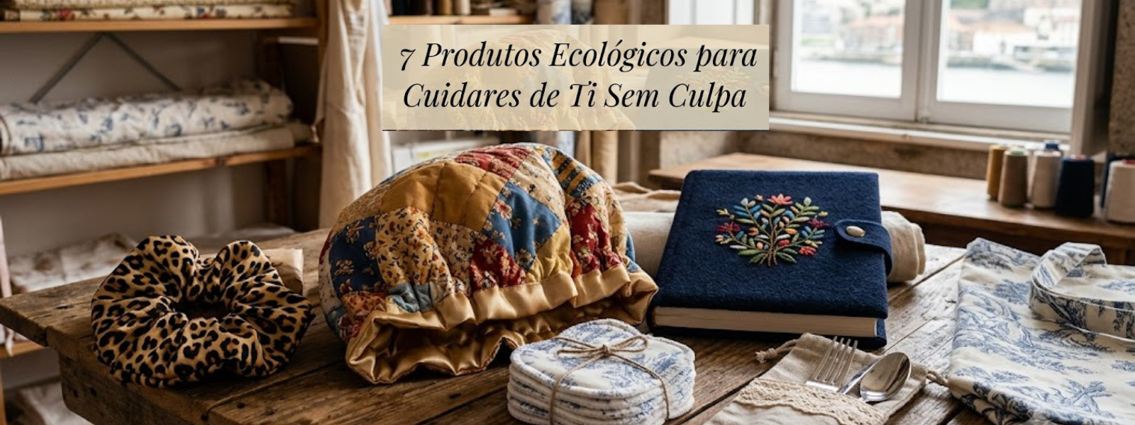 Uma mesa de madeira rústica em um ateliê de costura, exibindo um conjunto de produtos de autocuidado sustentáveis, incluindo um touca de cetim com estampa xadrez, discos de remoção de maquiagem reutilizáveis em Toile de Jouy, uma elástico de cabelo com estampa de leopardo, uma bolsa de talheres com talheres de metal e uma tote bag Toile de Jouy dobrada. Um banner de texto transparente com o título "7 Produtos Ecológicos para Cuidares de Ti Sem Culpa" está no centro. O ateliê tem prateleiras de tecido e uma janela com vista para o horizonte de Porto no fundo.